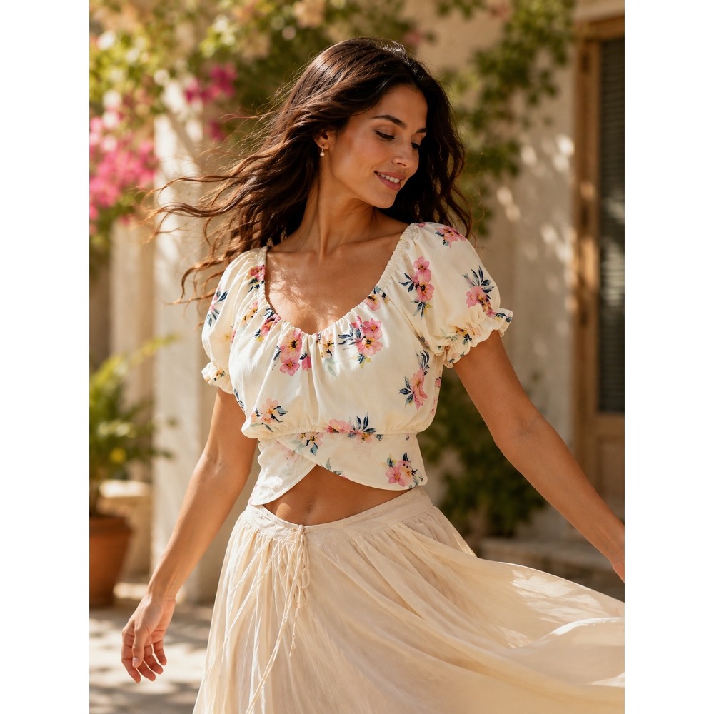 Madden NYC Floral Crop Top Cream Pink Blue Wrap Tie‎ Waist Puff Sleeve Large